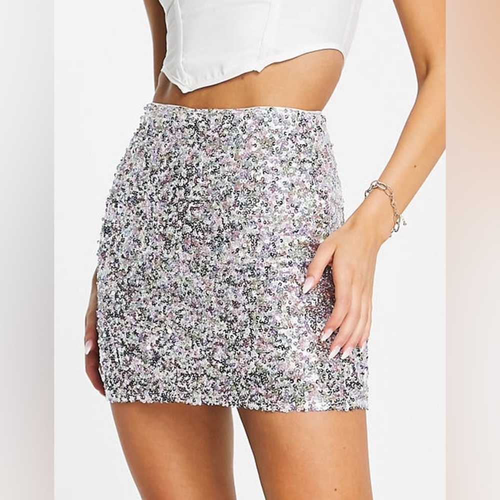 NWT Silver Sequin Stretch Skirt, Rhinestone Cowboy, Disco, Metallic - Picture 6 of 15